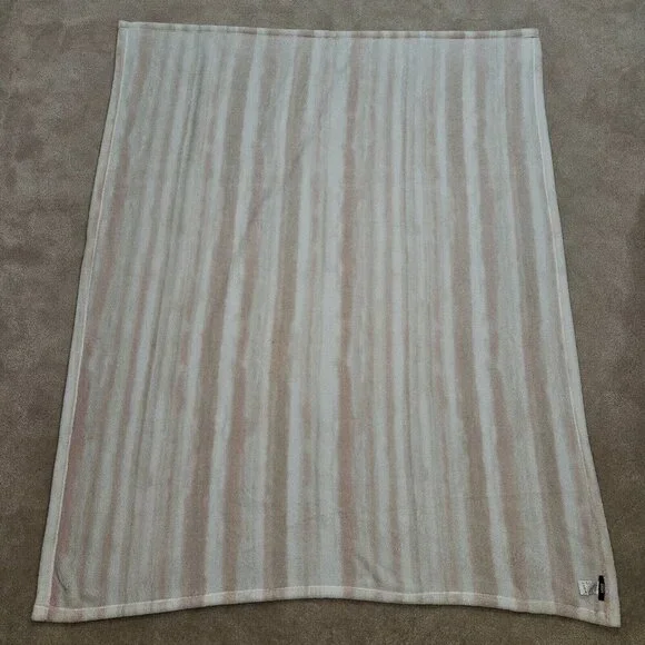 DKNY Pink White Tan Striped Blanket Throw Soft Fleece 50x60